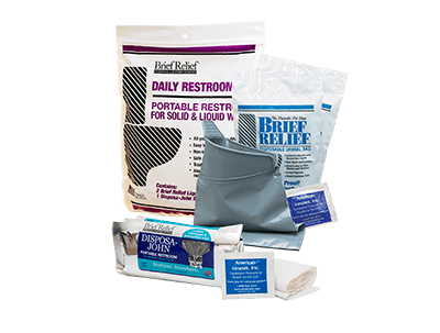 BR901 Daily Restroom Kit with BR608 Pee Bag, Disposa-John Solid and Liquid Waste Bag with toilet paper and antimicrobial wipes
