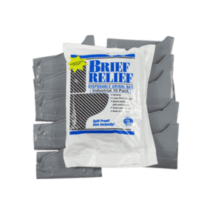 Photo of 10 individual NSP608 Liquid Waste bags with resealable package on top