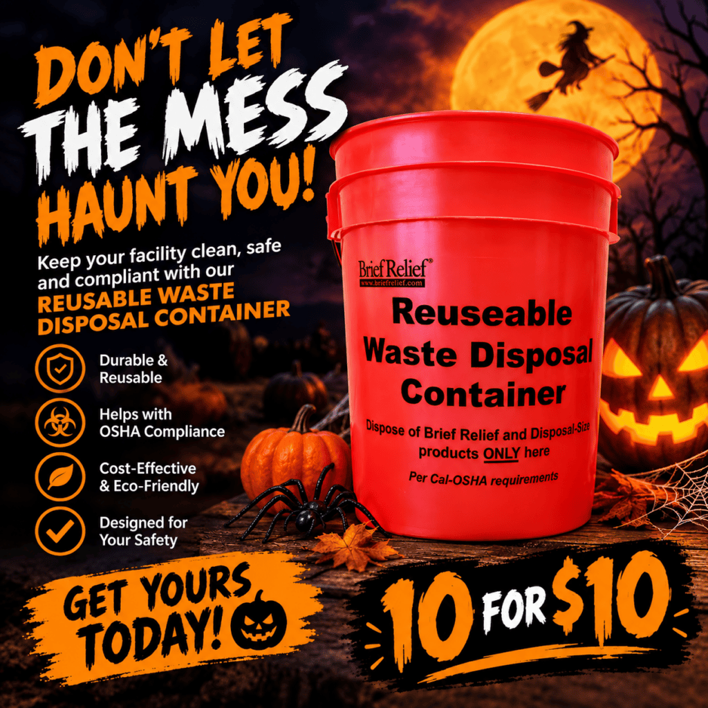 Halloween-themed ad promoting a reusable waste disposal container—bright orange bucket with bold black text and pumpkins in the background; includes 'Get yours today' and '$10 for 10' messaging.
