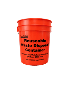 Orange reusable waste disposal container with bold black text reading 'Reusable Waste Disposal Container' and disposal instructions for Brief Relief products (Cal-OSHA compliant).