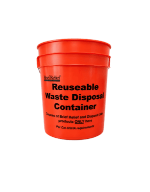 Orange reusable waste disposal container with bold black text reading 'Reusable Waste Disposal Container' and disposal instructions for Brief Relief products (Cal-OSHA compliant).